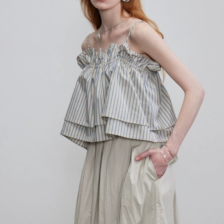 小眾度假風荷葉邊吊帶背心 不對稱開衩半身裙 棉感花苞設計 郁金香大擺中長裙