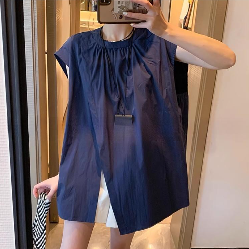 不規則側開高衩飛袖襯衫 夏季寬鬆設計感休閒氣質上衣