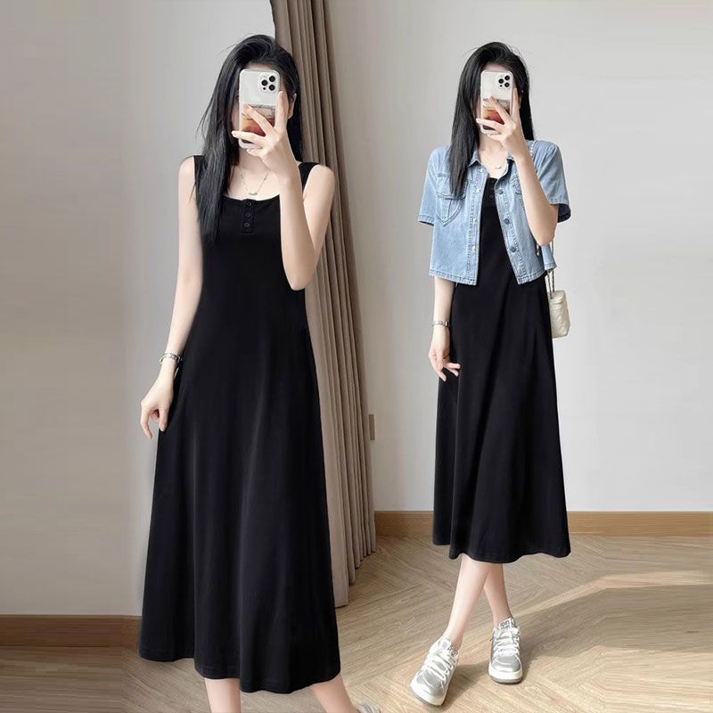 【單品可選】韓版時尚簡約牛仔短袖上衣外套+背心長款連身裙洋裝套裝