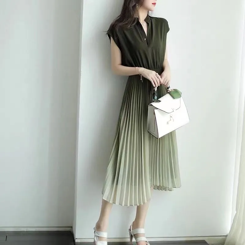 仙氣百褶連身裙洋裝 漸變色立領收腰設計感 百褶雪紡連身裙