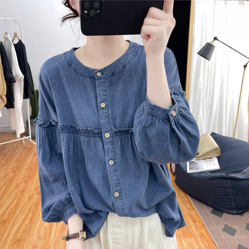 純棉燈籠袖襯衫 圓領排釦 荷葉邊拼接 寬鬆復古感