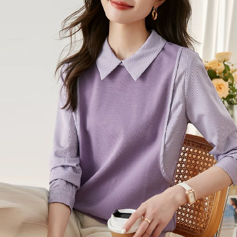 春夏法式條紋假兩件長袖襯衫 高級感豎條紋浪漫紫色翻領上衣