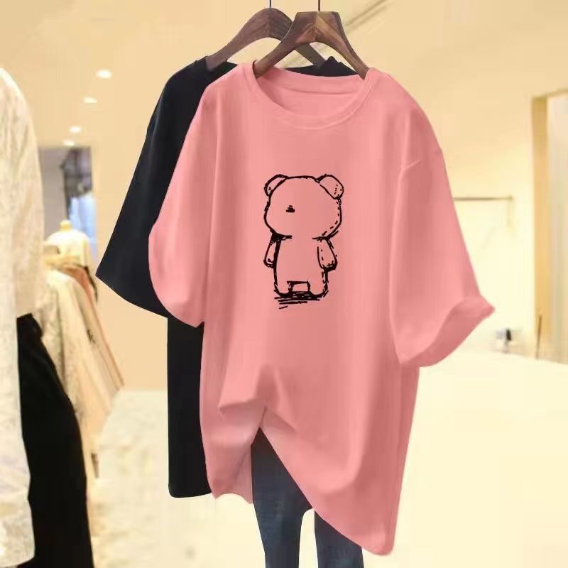 純棉熊熊印花寬鬆短袖T恤 中長版休閒百搭款
