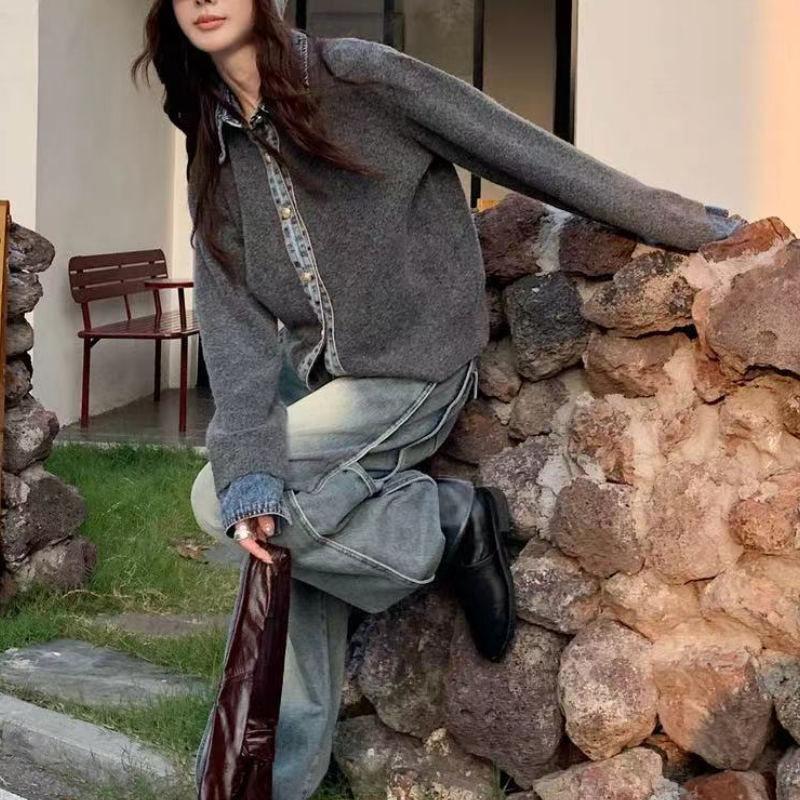 韓系牛仔拼接針織外套 厚磅質感 層次襯領設計