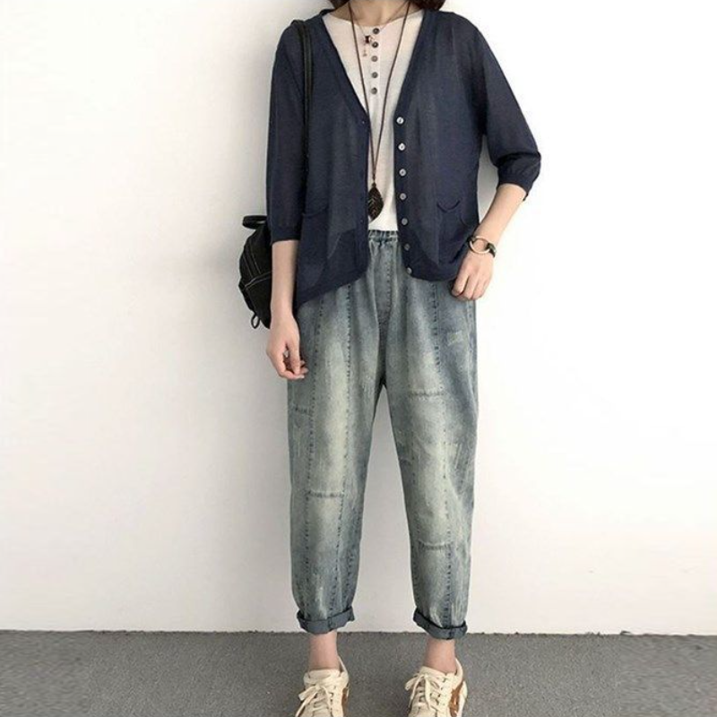 日韓風休閒罩衫 百搭冰絲針織開襟衫 洋氣上衣