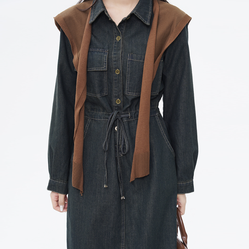 針織披肩牛仔連身裙 秋季新款顯瘦復古收腰系帶設計感撞色長洋 (附披肩)