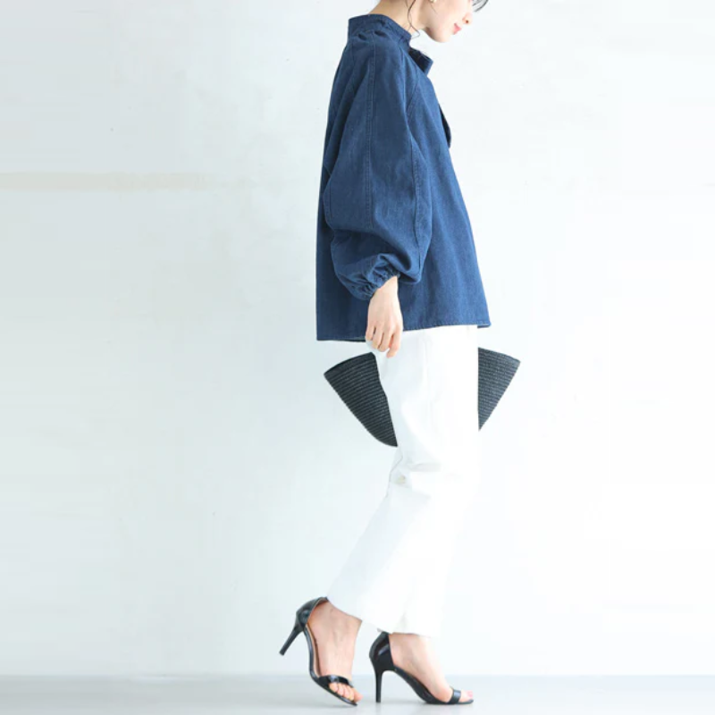 牛仔系帶蝴蝶結襯衫 燈籠袖設計 百搭丹寧上衣