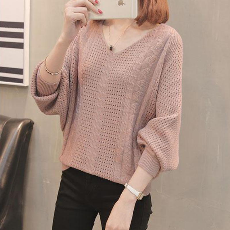 寬鬆蝙蝠袖洞洞毛衣 V 領鏤空針織上衣 韓系休閒