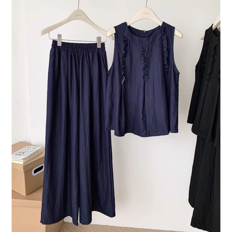 韓系木耳邊背心＋寬褲兩件式套裝 寬鬆修身顯瘦款 大尺碼友善版型