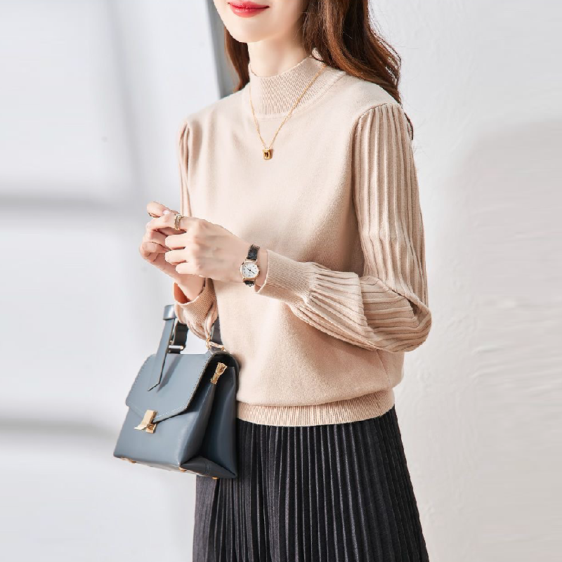 秋冬寬鬆高領上衣針織內搭泡泡袖保暖修身毛衣