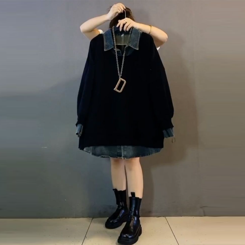 大尺碼牛仔領拼接大學T 休閒寬版POLO領上衣 遮肉顯瘦