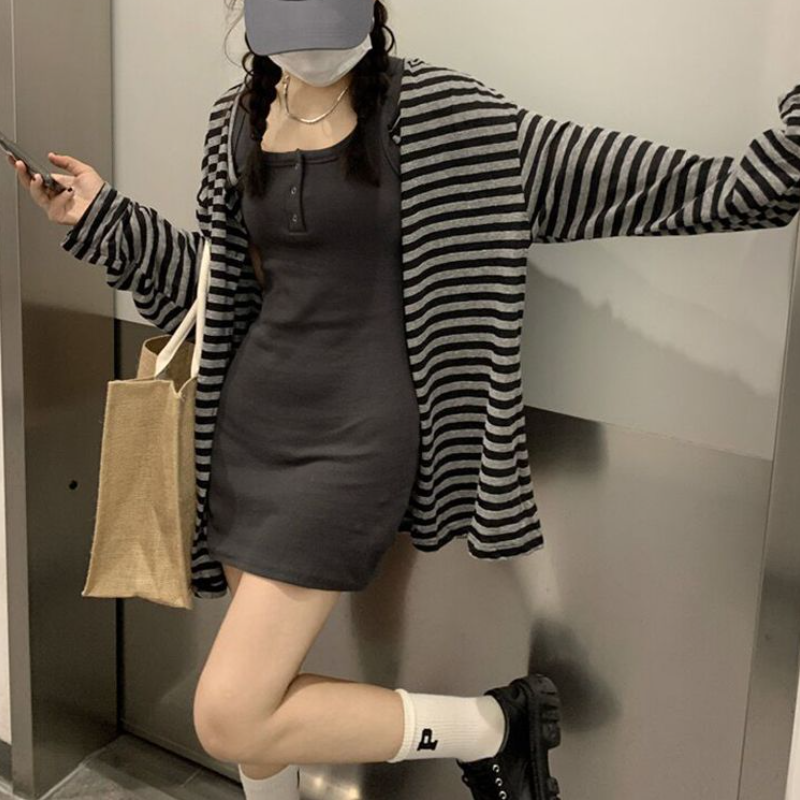 條紋針織開襟外套＋背心洋裝｜兩件式 甜辣風 修身顯瘦（長版／短版）
