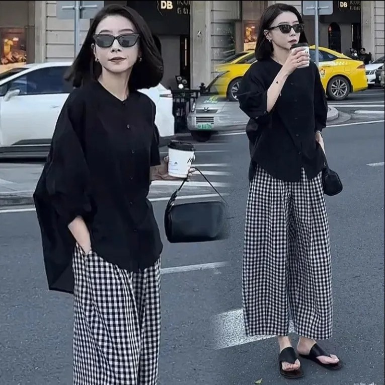 【單品可選】港風復古套裝 甜酷兩件式 文青認證襯衫+復古棋盤格寬褲