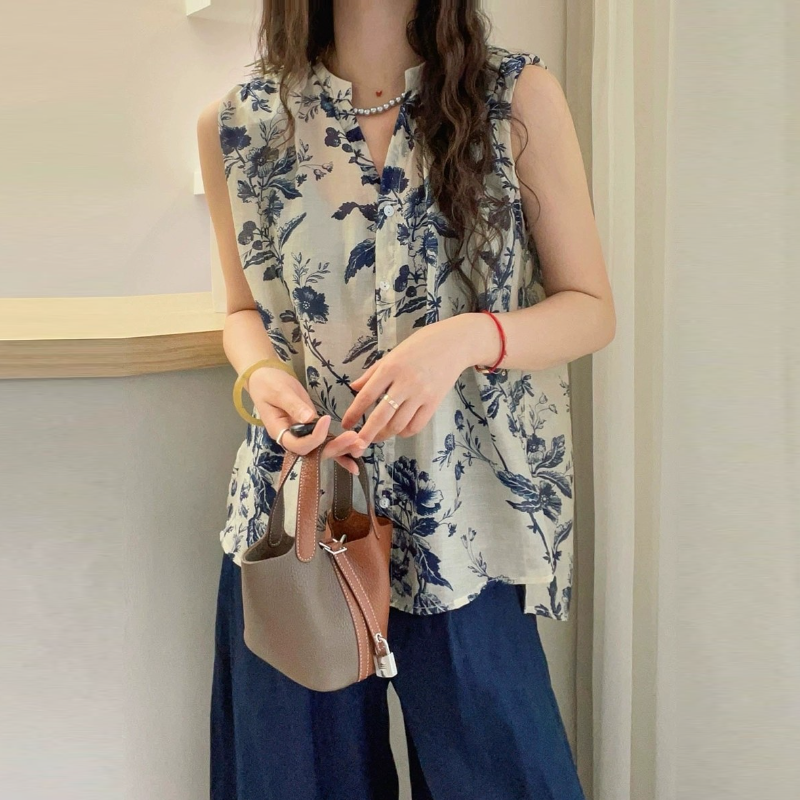 復古印花V領襯衫 設計感文青風無袖上衣