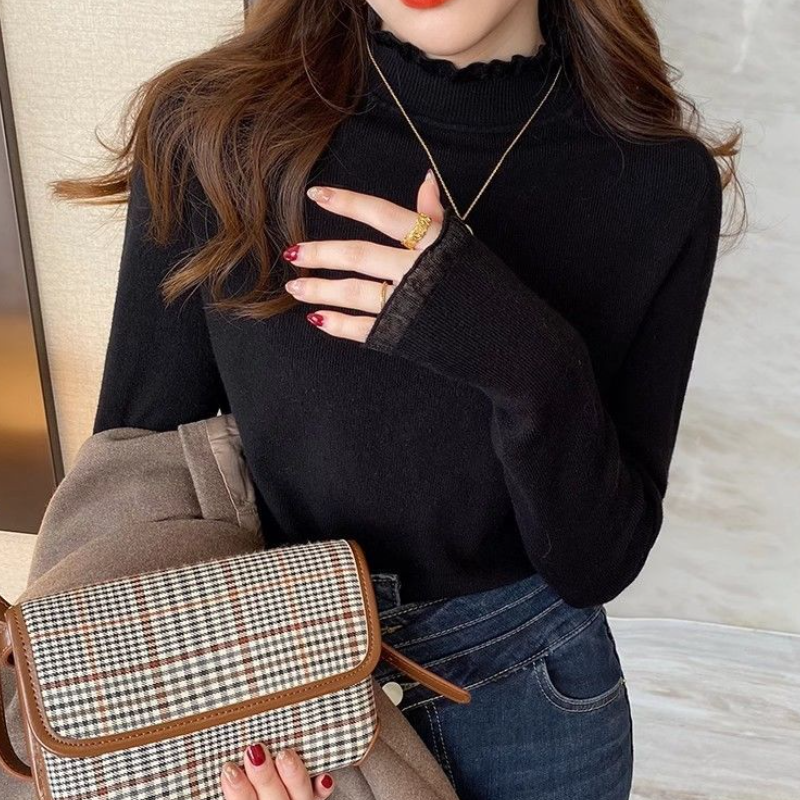 韓國花邊立領上衣-素面蕾絲婚禮OL針織長袖拼接親膚