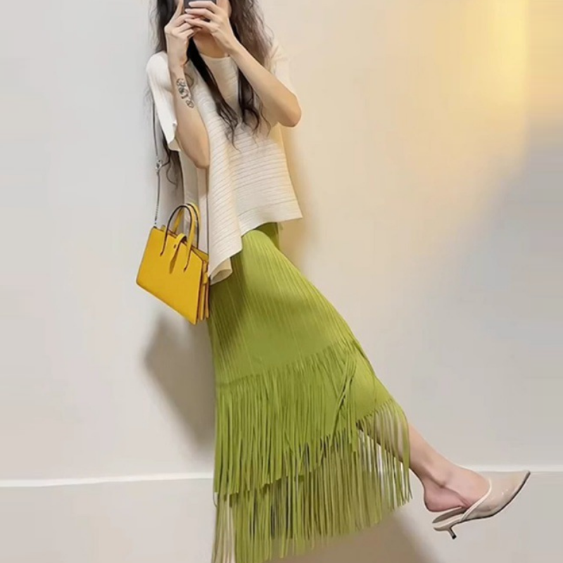 清新壓褶流蘇長裙套裝 氣質輕熟風 薄荷綠穿搭 半身裙兩件式