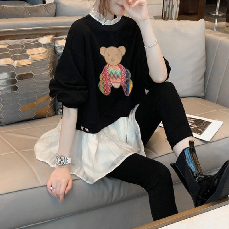 黑色卡通假兩件上衣 韓版設計感小眾上衣秋冬