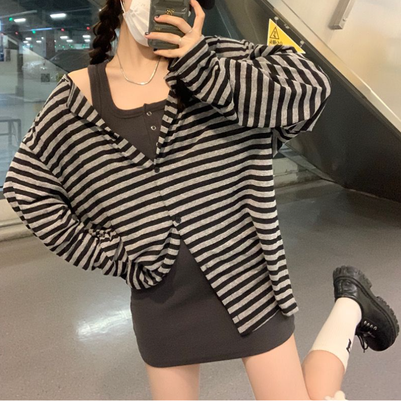 條紋針織開襟外套＋背心洋裝｜兩件式 甜辣風 修身顯瘦（長版／短版）