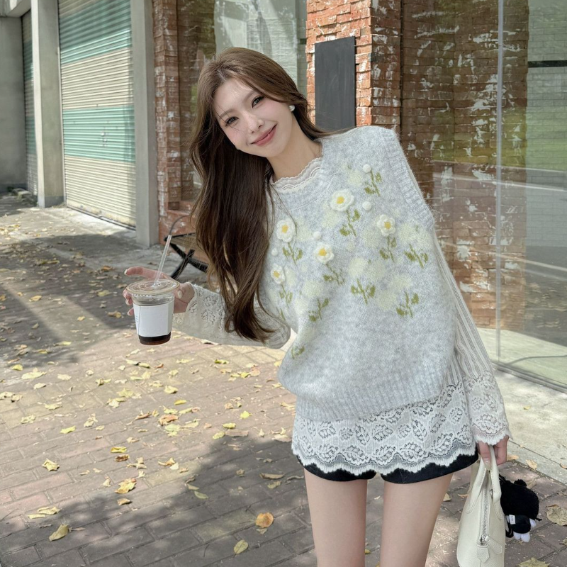 【單品可選】韓系提花針織背心+蕾絲拼接上衣 秋季寬鬆慵懶風背心 花卉刺繡設計