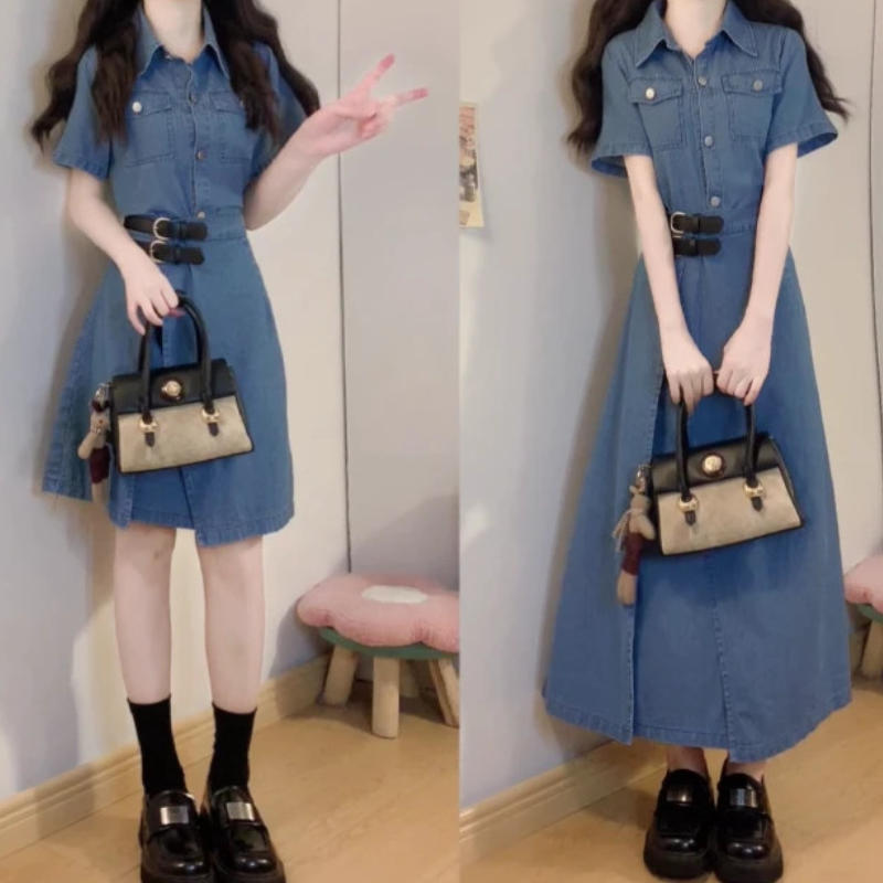 大尺碼牛仔襯衫洋裝 二合一拼接 收腰顯瘦（短版／長版可選）