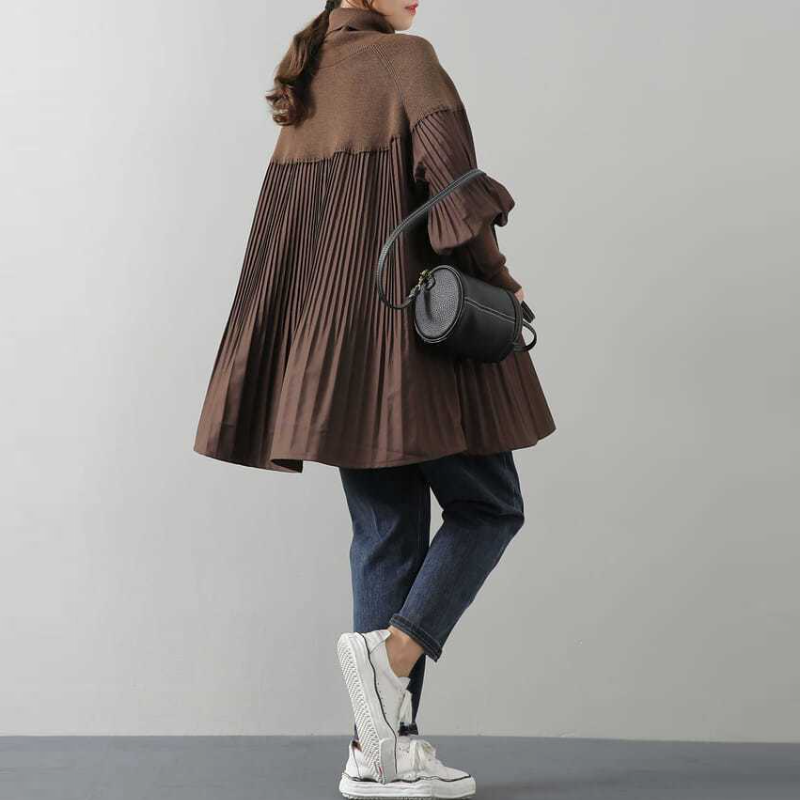 高領針織拼接百褶上衣 寬鬆剪裁 素色氣質 秋冬百搭