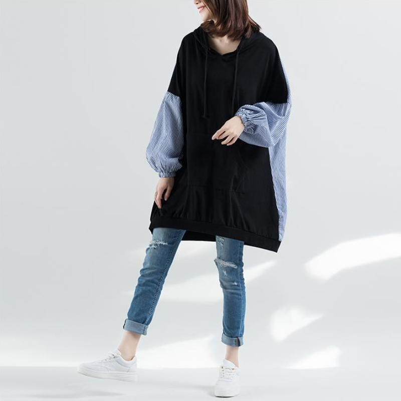 大尺碼秋季洋氣連帽上衣 拼接格紋連帽連身裙 拼接洋裝