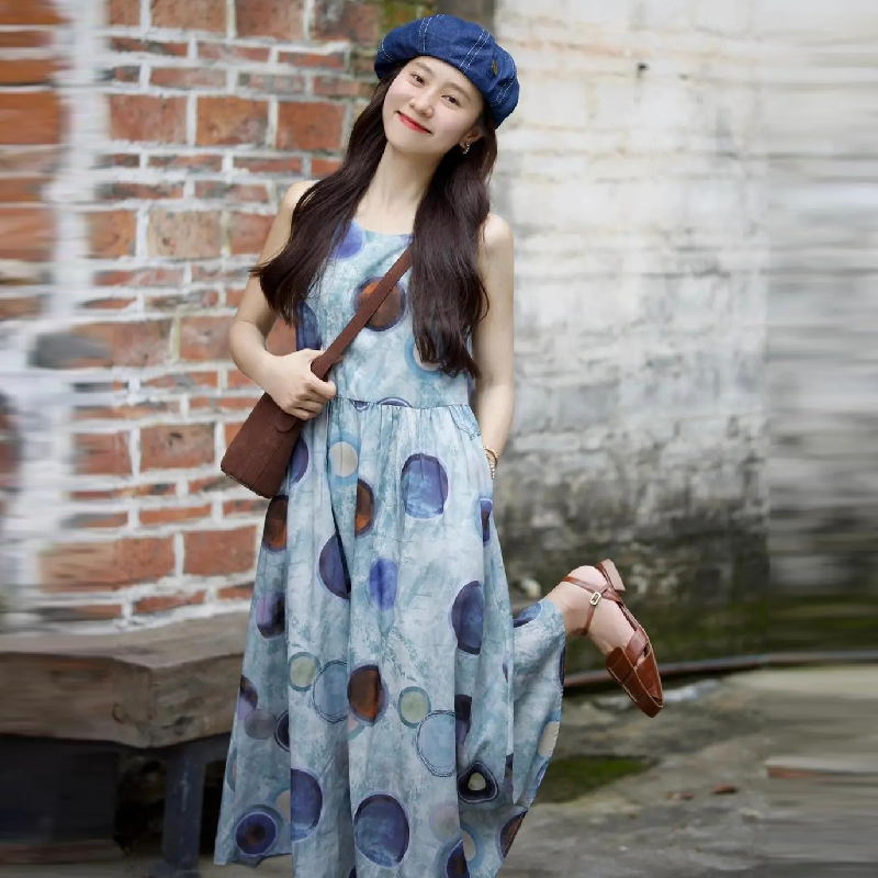 手繪感塗鴉背心裙洋裝 學妹系圓點天絲長裙 抗UV涼感閨蜜裝 獨家版型 社團穿搭師大商圈街拍