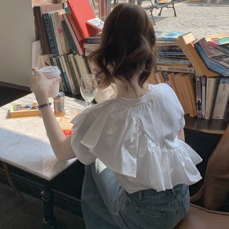 甜美荷葉邊短袖上衣 小眾顯瘦T恤設計感白色