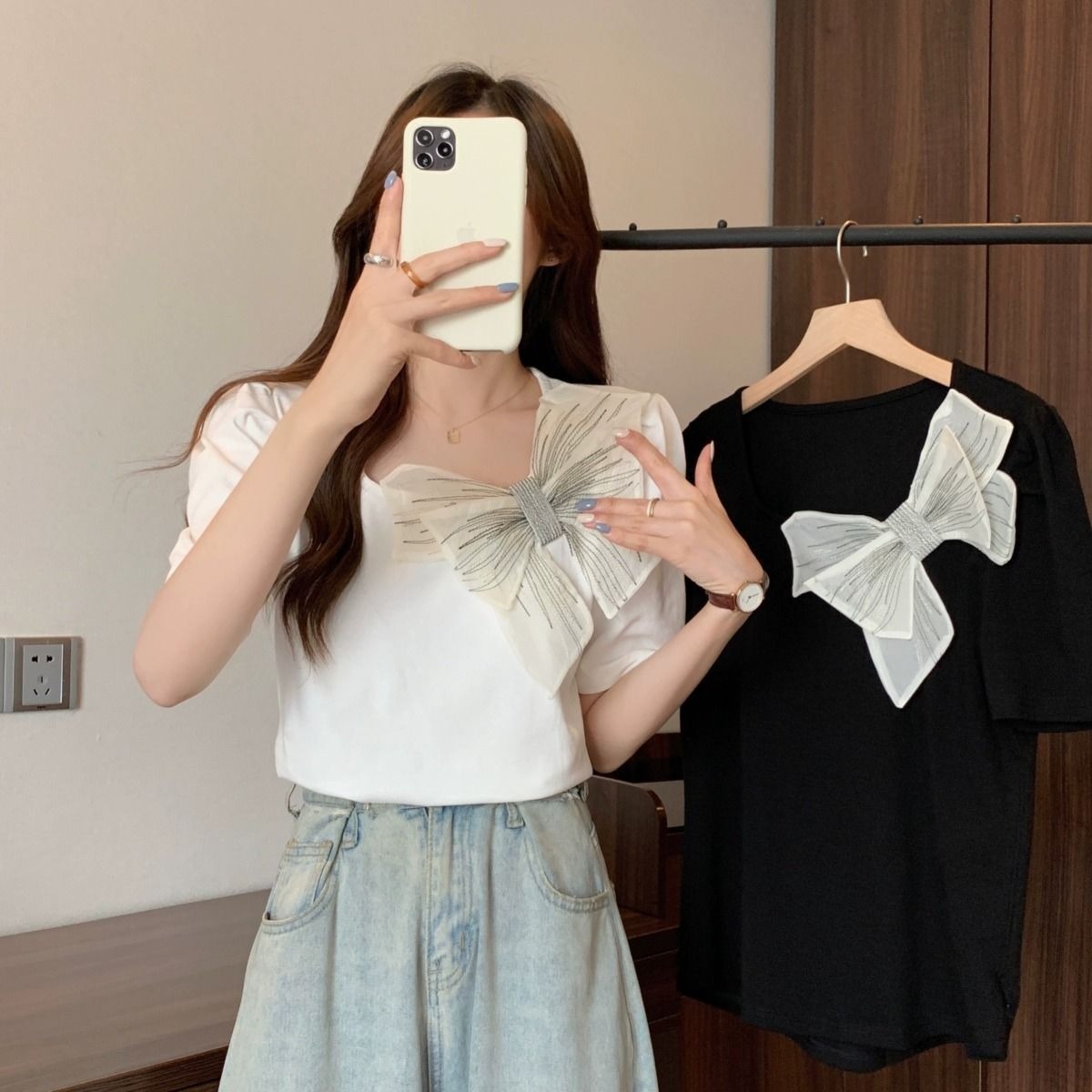 M-4XL蝴蝶結黑色短袖小方領T恤女設計感小眾氣質減齡上衣