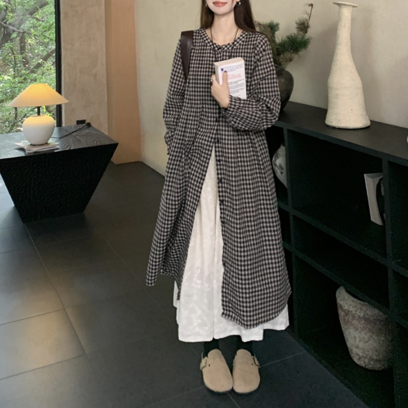 日系復古格紋襯衫洋裝 長袖寬鬆 可層次穿搭 慵懶風（嬌小友善）