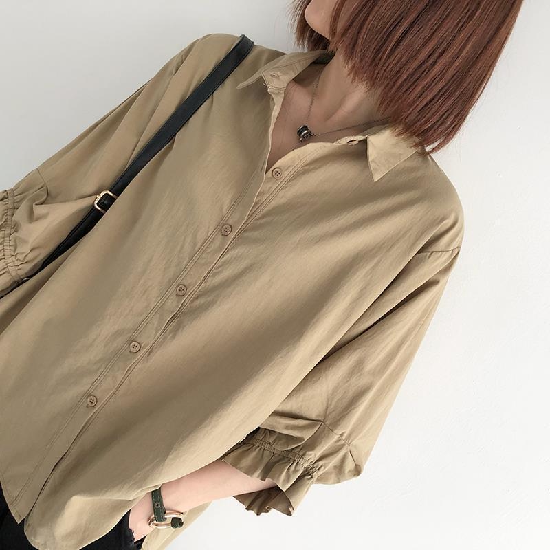 韓版寬鬆燈籠袖襯衫-春夏薄款大尺碼七分袖上衣
