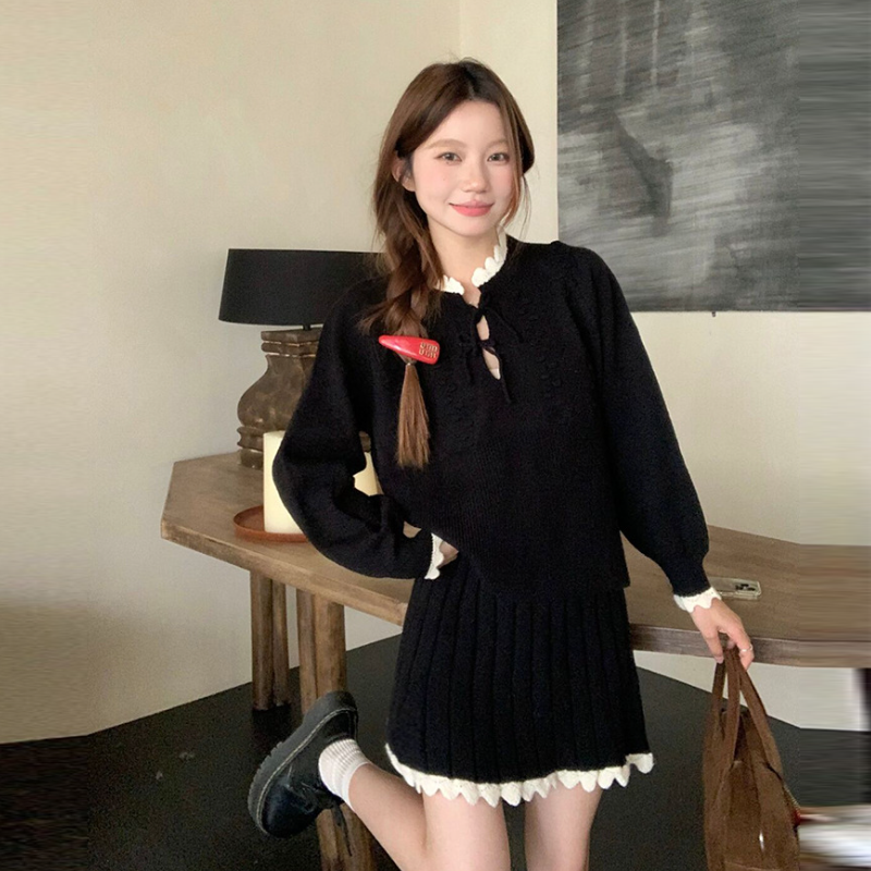 溫柔系針織套裝 蝴蝶結織紋上衣＋百褶裙 兩件式 顯瘦減齡