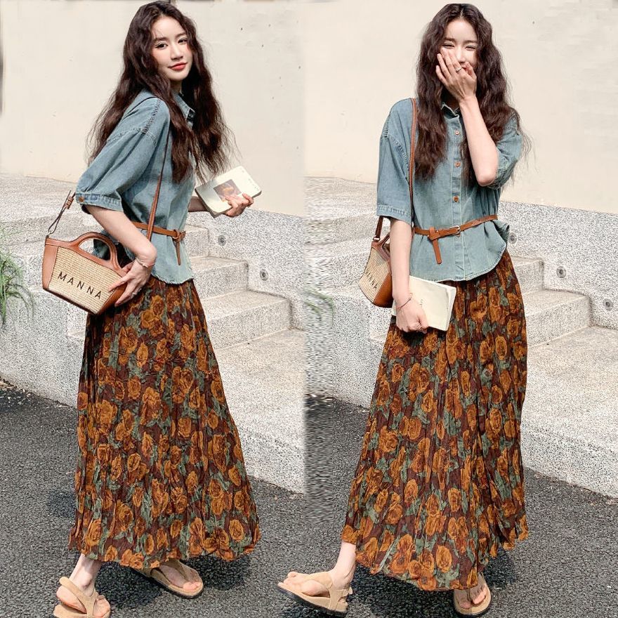 復古兩件式套裝 短袖牛仔襯衫＋碎花中長裙 成套穿搭