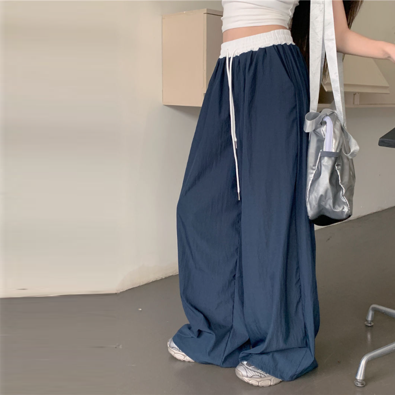 韓系·薄款抽繩工裝寬褲 復古拼接高腰寬鬆休閒褲