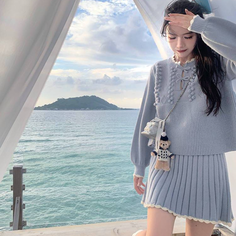 溫柔系針織套裝 蝴蝶結織紋上衣＋百褶裙 兩件式 顯瘦減齡