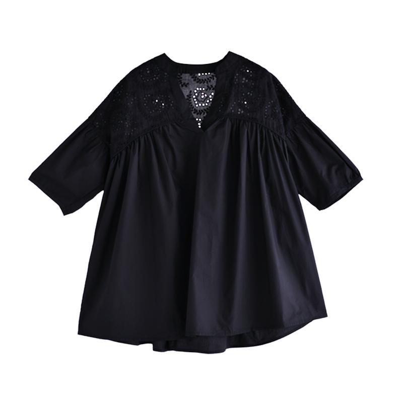 簡約．V領蕾絲拼接上衣 鏤空繡花 寬鬆V領 短袖襯衫