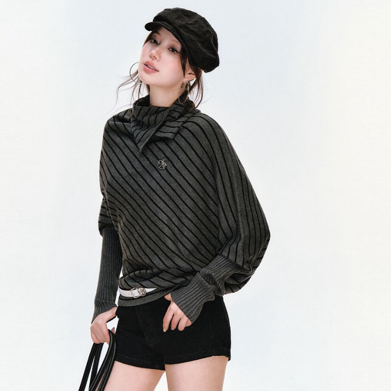 條紋蝙蝠袖針織上衣 高翻領/可翻折 寬鬆慵懶 顯瘦有復古感