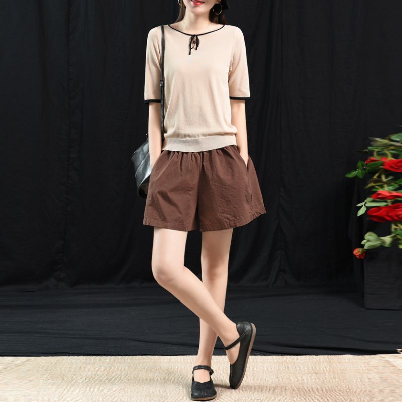 復古文藝寬鬆短褲 棉質鬆緊腰 百搭寬鬆休閒款