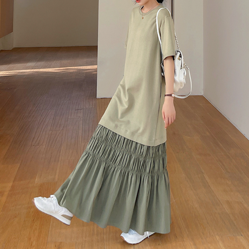 氧氣感落地傘擺洋裝 錯位拼接剪裁 冰絲罩衫藏腹棉質連身裙