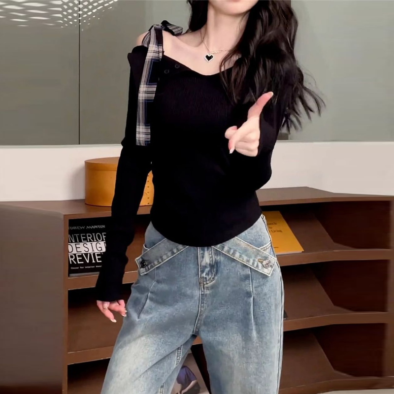 溫柔法式綁帶 斜肩一字領修身針織上衣 早秋顯瘦長袖內搭T恤