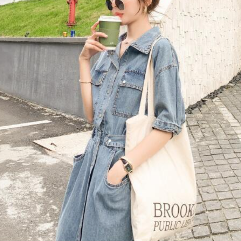 甜美日系收腰牛仔連身裙 顯瘦氣質中長A字裙