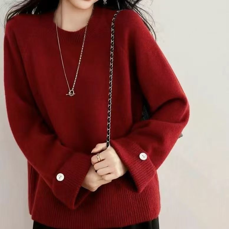 圓領慵懶針織上衣 秋冬新款 親膚柔軟 寬鬆版 袖口釦飾 百搭