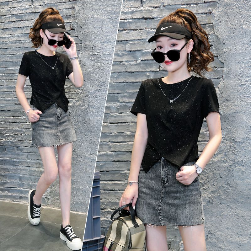 亮閃閃不規則短款短袖T恤 開叉設計感小眾獨特上衣