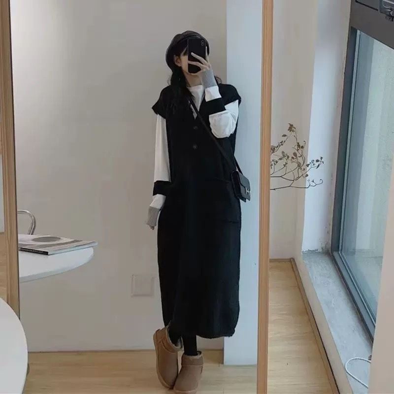 春秋寬鬆顯瘦系扣連身裙-百搭針織馬甲中長款洋裝