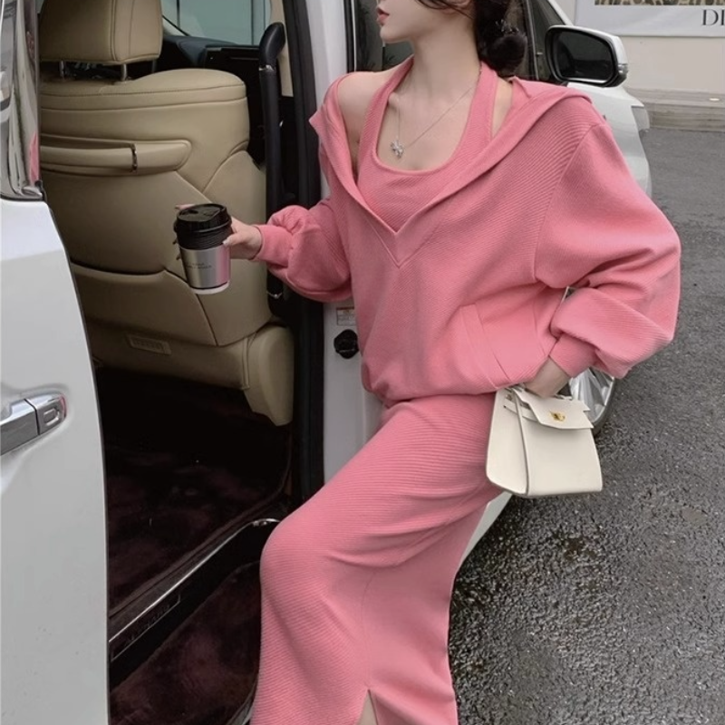 香草味的風 韓版連帽大學TEE套裝 性感吊帶連身裙兩件套