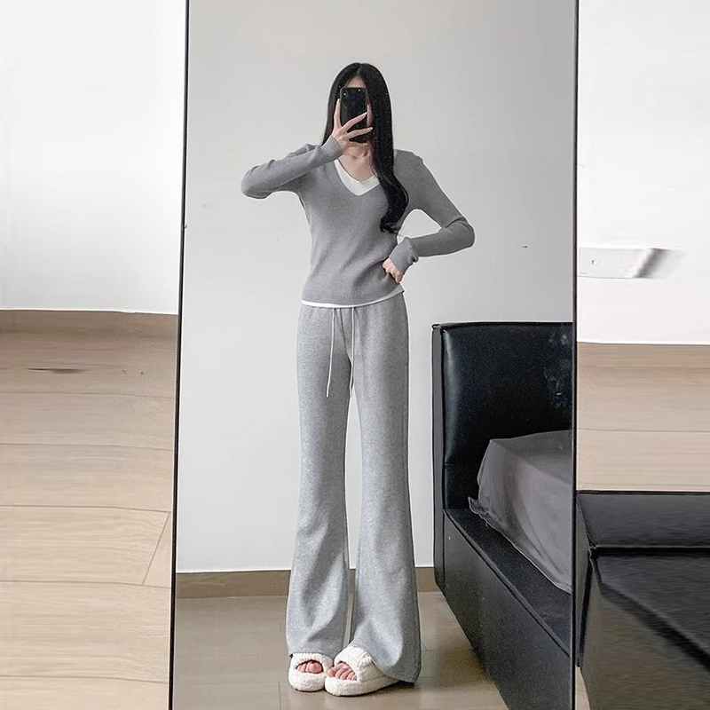 保暖喇叭褲-修身內刷毛棉褲素面彈性加長立體車縫