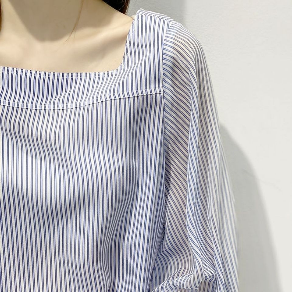 簡約韓版條紋平口領泡泡袖上衣條紋襯衫