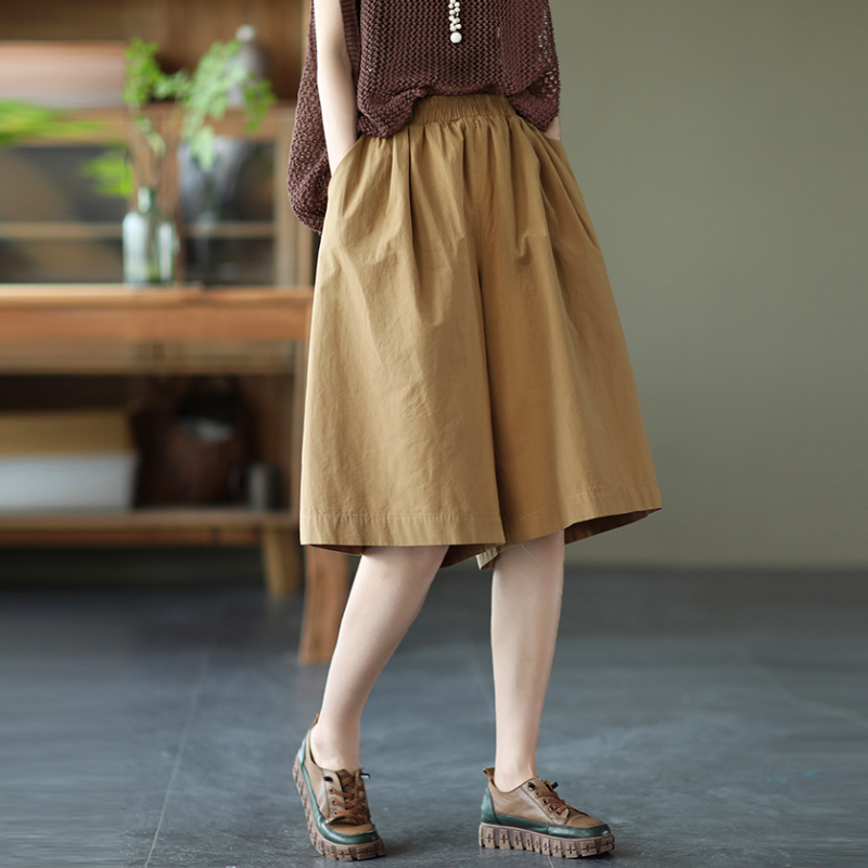 純棉寬版中長褲 鬆緊腰設計 文青休閒風