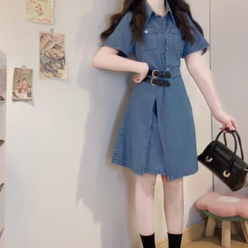 大尺碼牛仔襯衫洋裝 二合一拼接 收腰顯瘦（短版／長版可選）