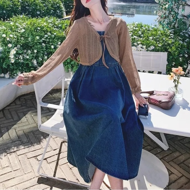 【單品可選】法式復古牛仔吊帶連身裙套裝 韓版針織罩衫+吊帶裙
